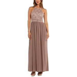 Nightway Womens Taupe Halter Sequin Evening Formal Dress Gown - Size 8 - NWT